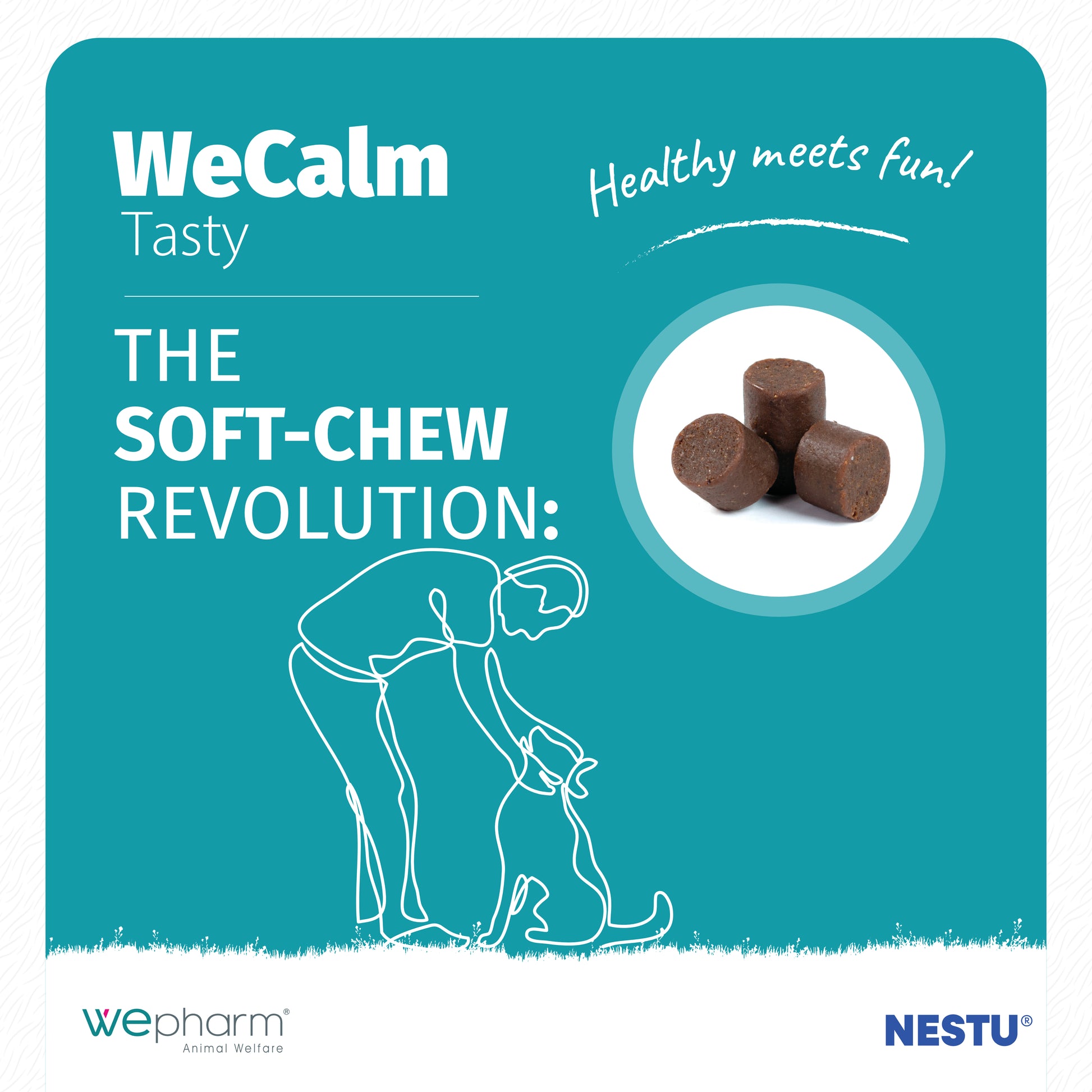 Advertisement for WeCalm soft-chew treats for dogs with a teal background and images of dogs and humans.