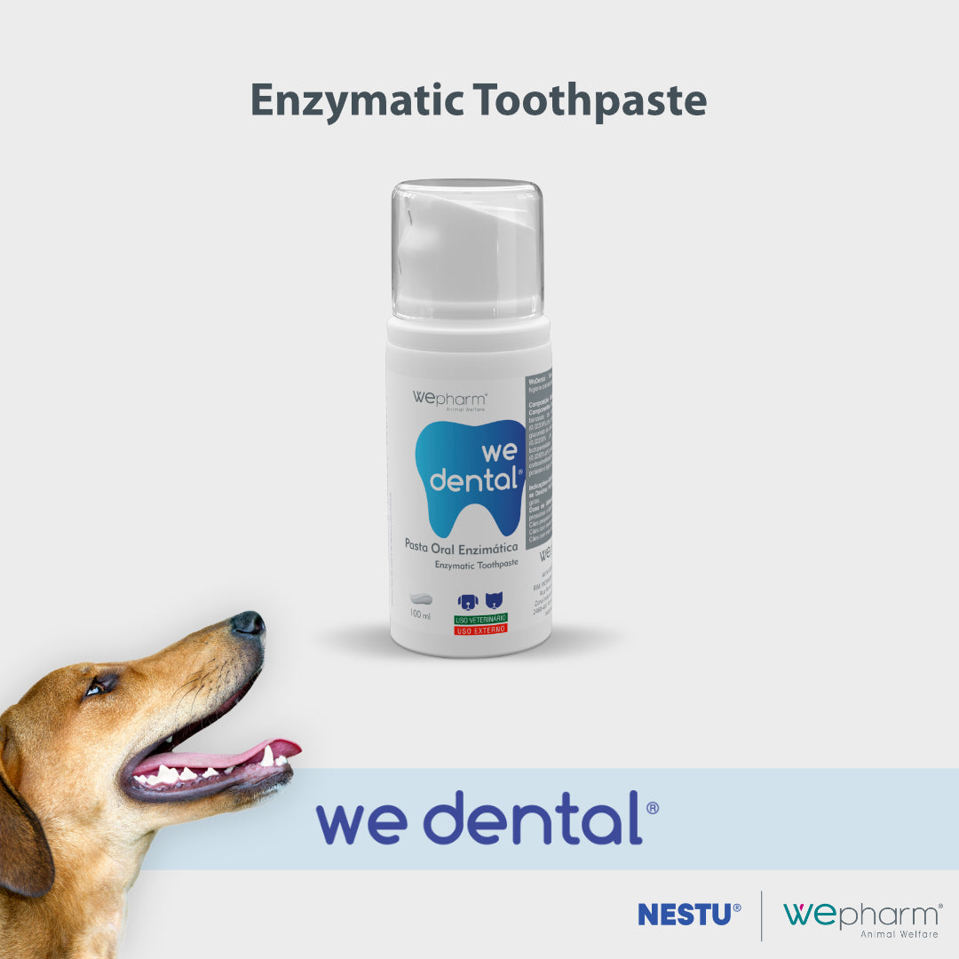 we dental enzymatic toothpaste bottle with a dog on a light gray background