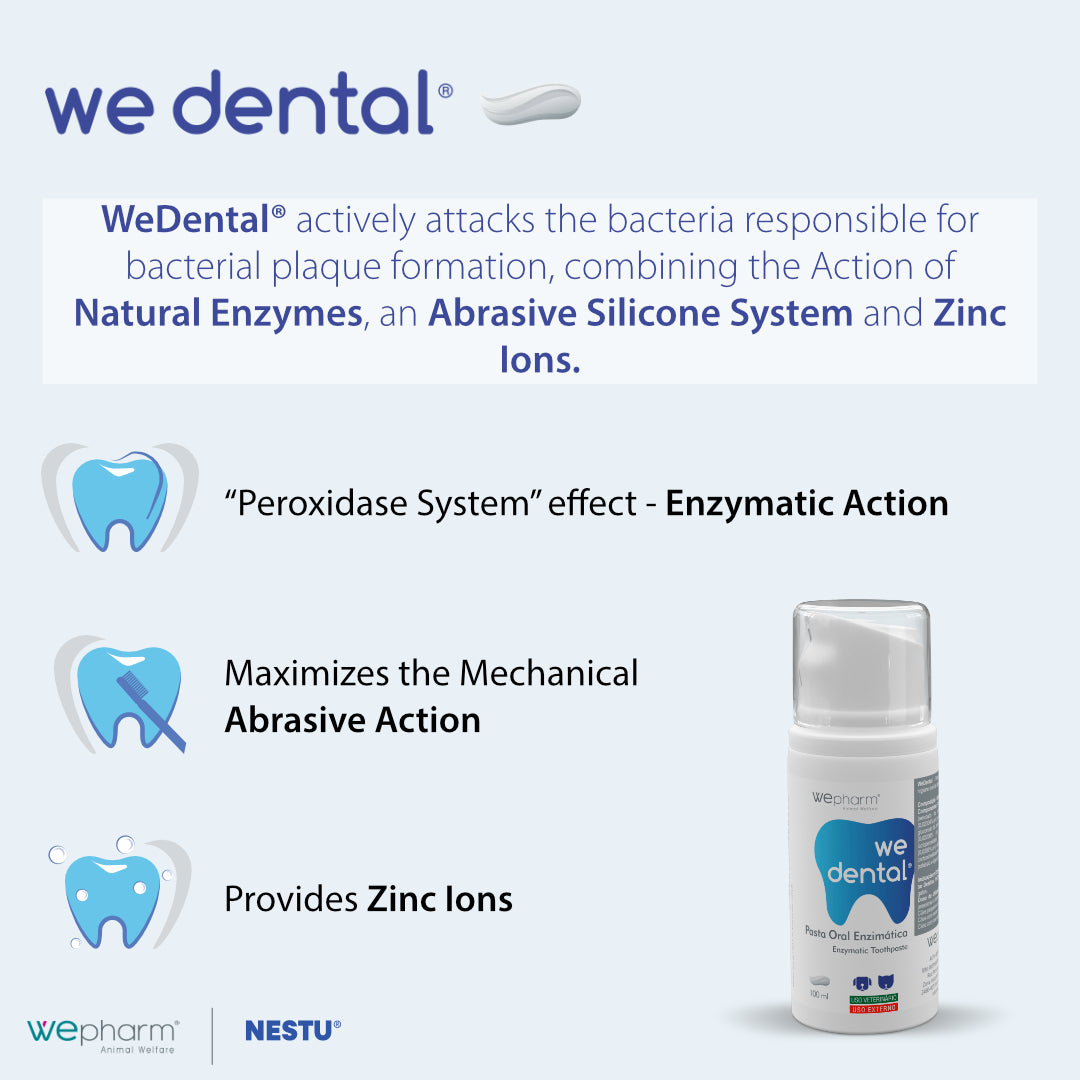 WeDental product advertisement with text and a bottle on a light blue background