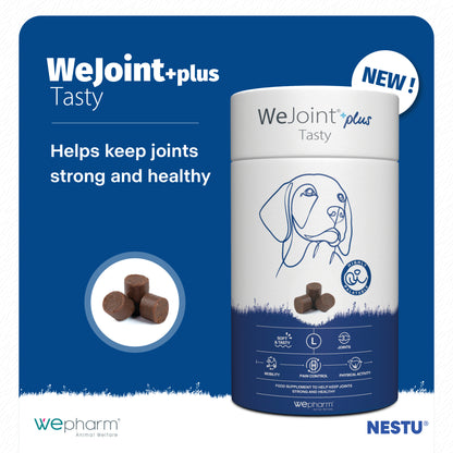 WeJoint+plus Tasty supplement container for dogs on a blue background