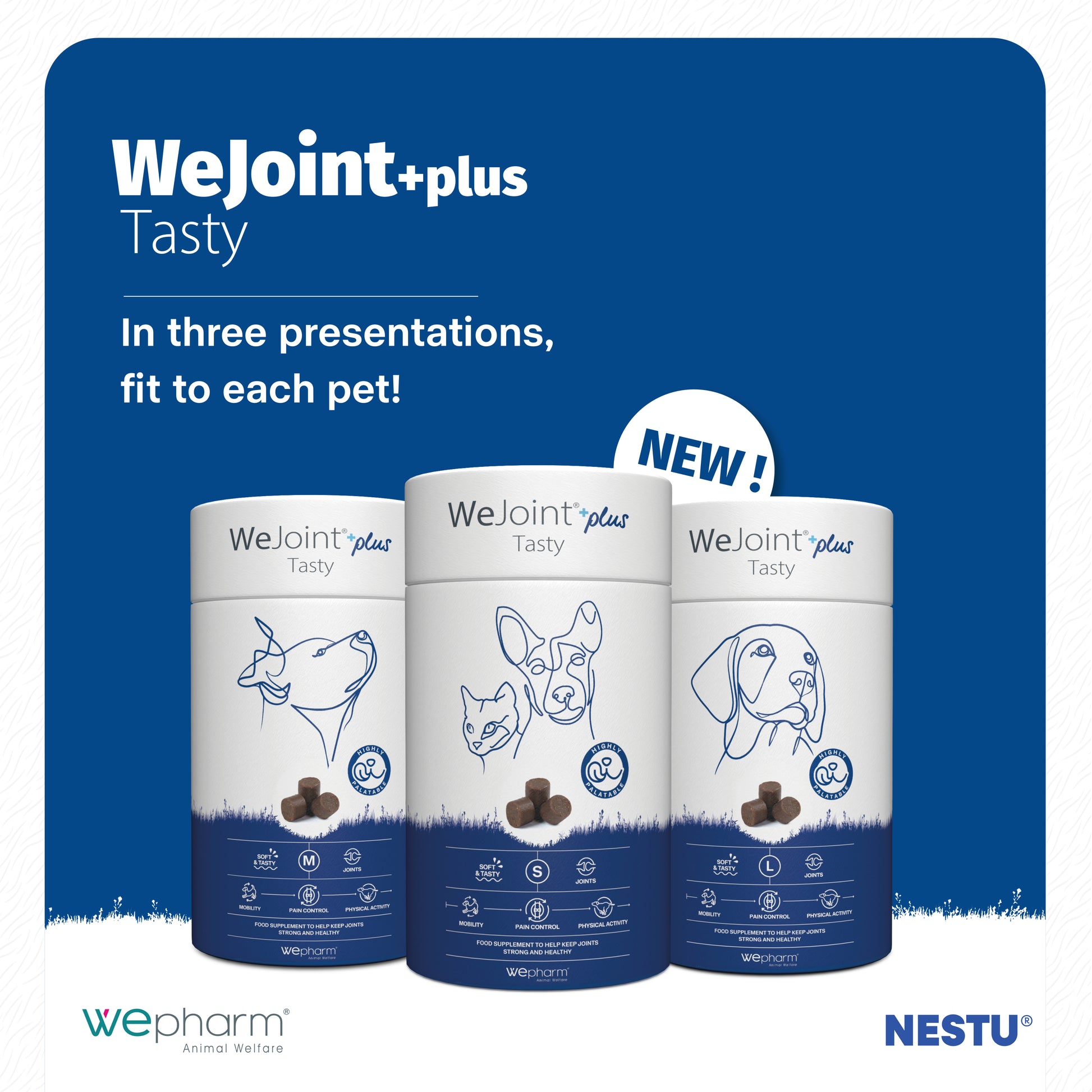 Three containers of Wejoint+plus Tasty on a blue background with Wepham and Nestu branding.