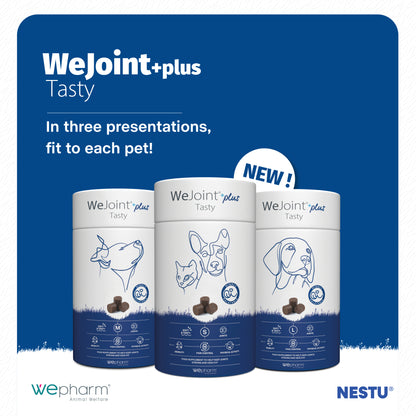 Three containers of Wejoint+plus Tasty on a blue background with Wepham and Nestu branding.