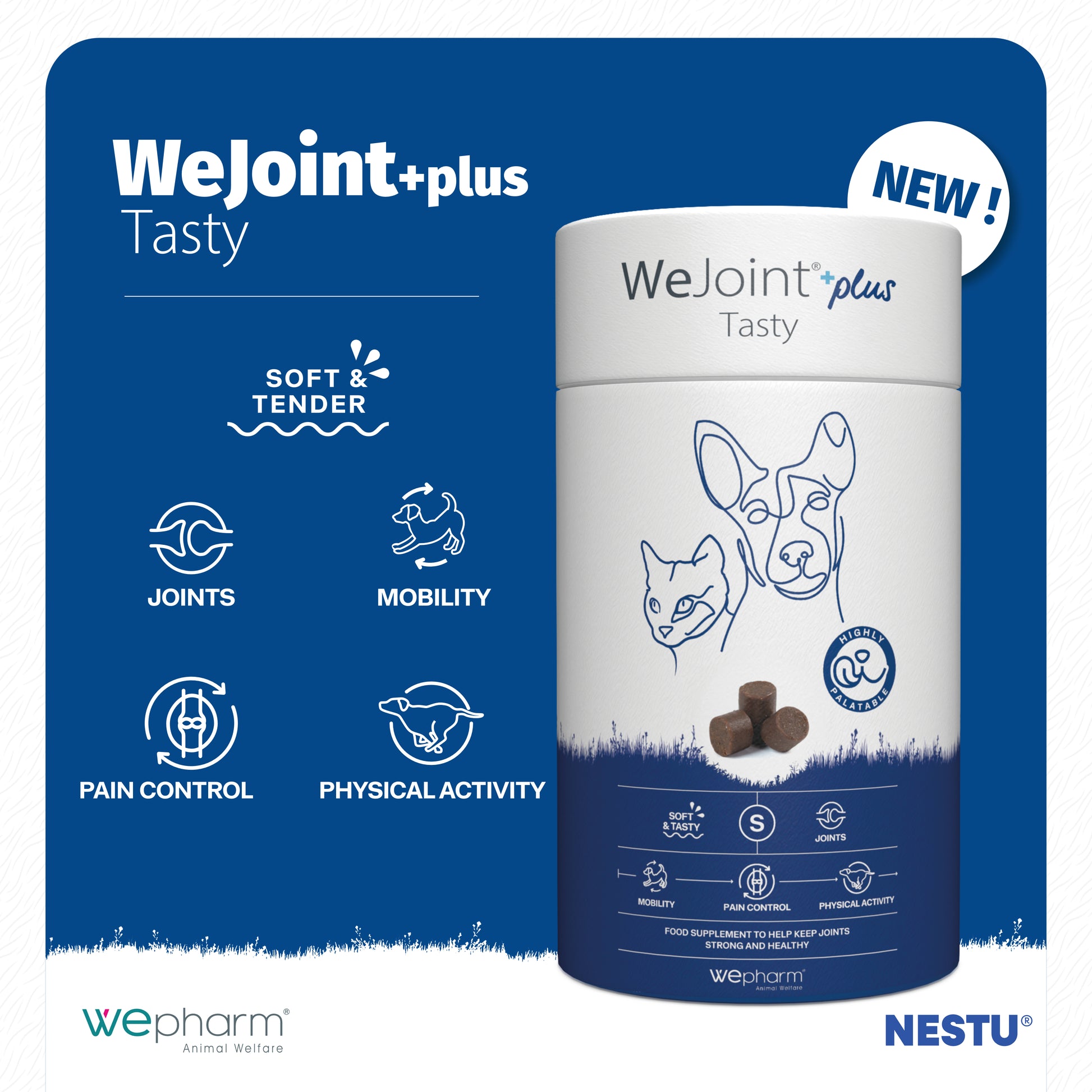 WeJoint+plus Tasty supplement container with blue background and branding elements.