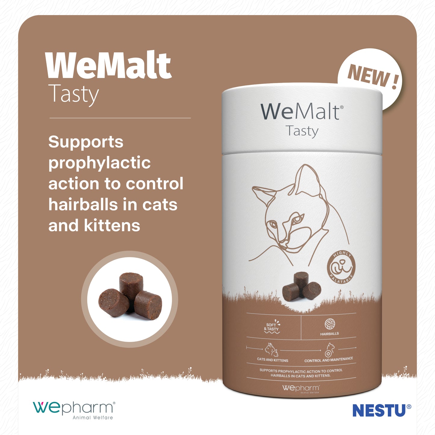 WeMalt Tasty product packaging for cats and kittens on a brown background