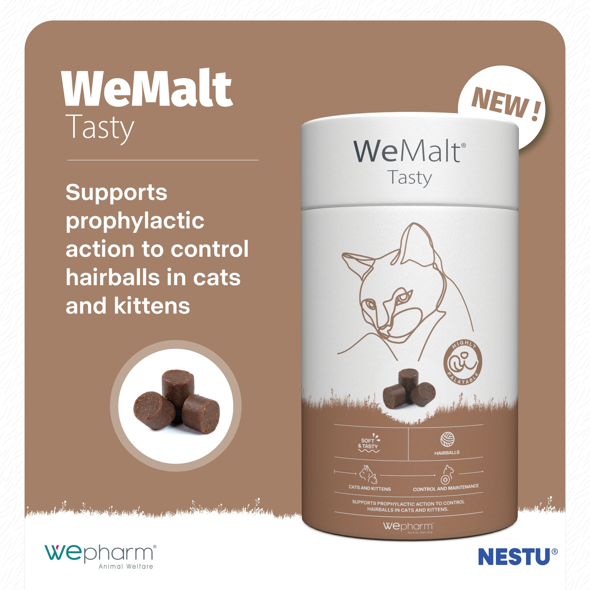 WeMalt Tasty product packaging for cats and kittens on a brown background