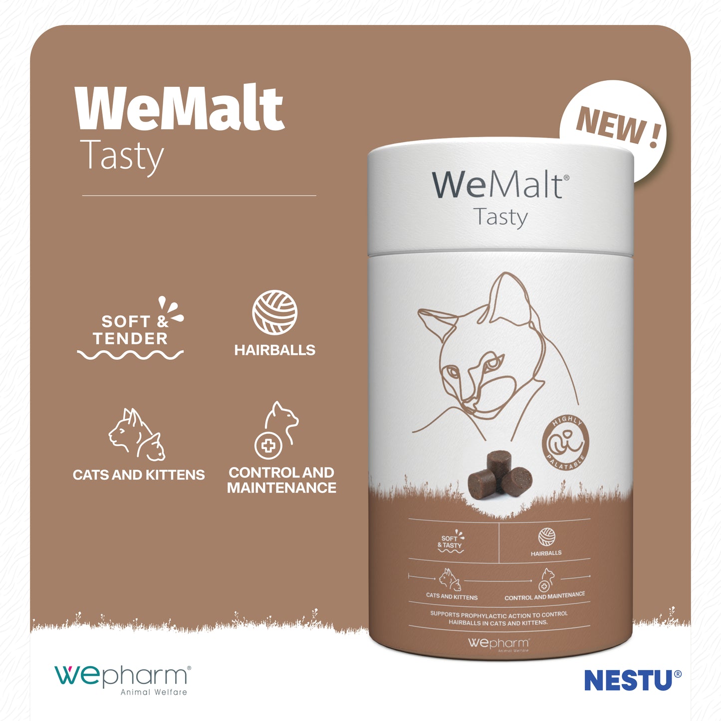 WeMalt Tasty pet product packaging with brand logos on a brown background