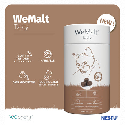 WeMalt Tasty pet product packaging with brand logos on a brown background