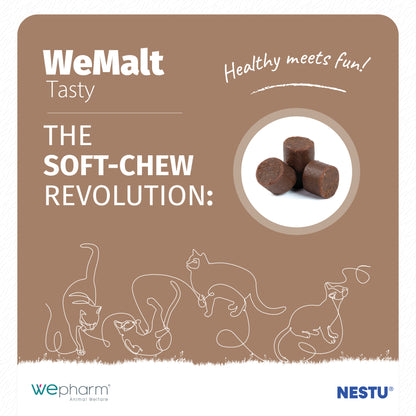 WeMalt cat soft-chew product packaging with illustrations of cats and text on a brown background.