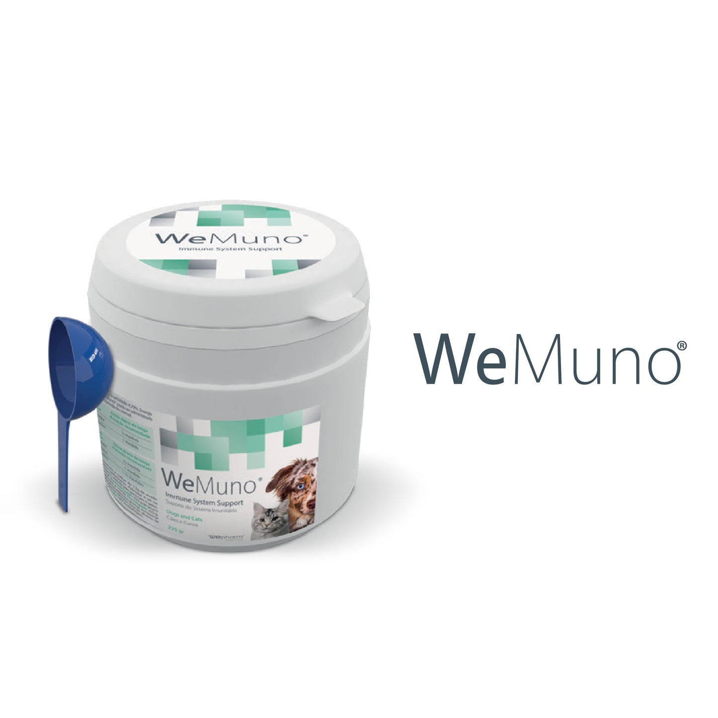 WeMuno pet supplement container with a scoop on a white background