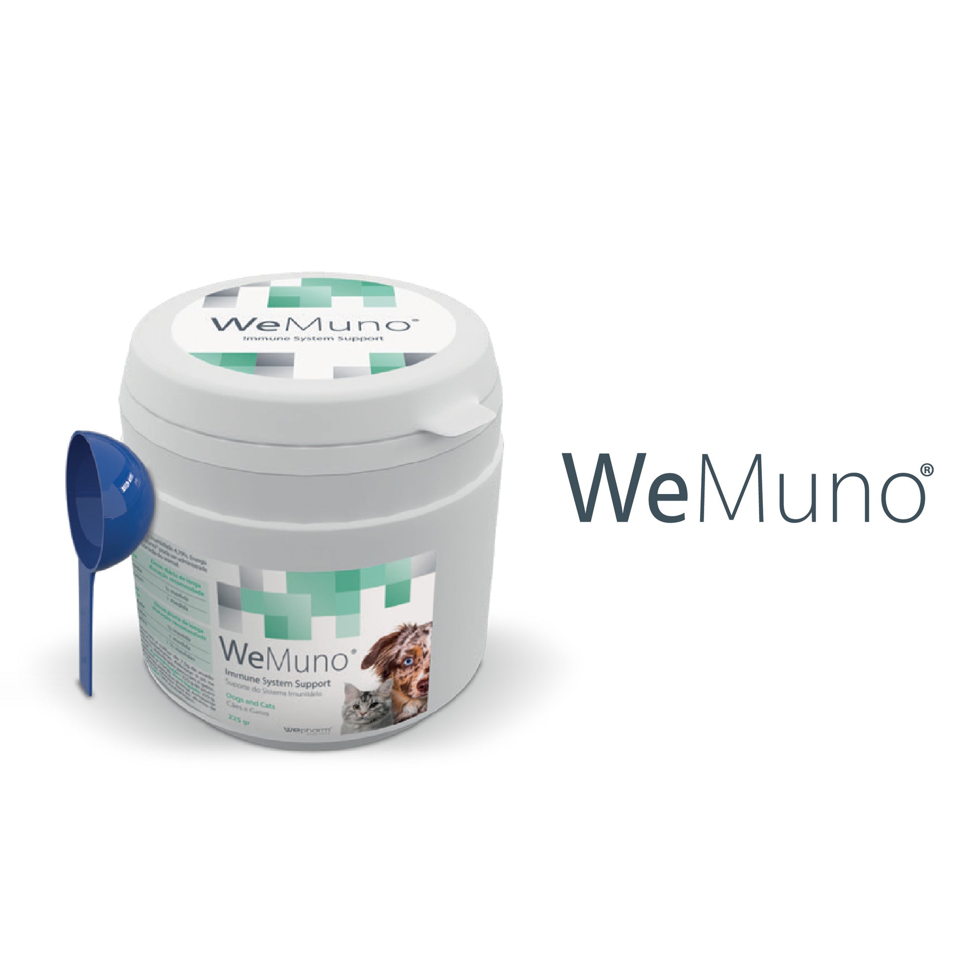 WeMuno pet supplement container with a scoop on a white background