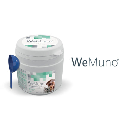 WeMuno pet supplement container with a scoop on a white background