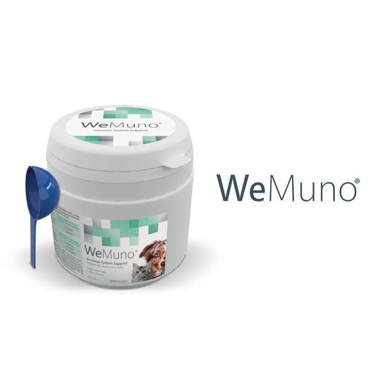 WeMuno pet supplement container with a scoop on a white background