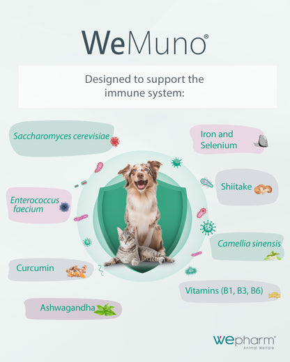 WeMuno product description with a dog and cat on a shield, featuring immune system support ingredients.