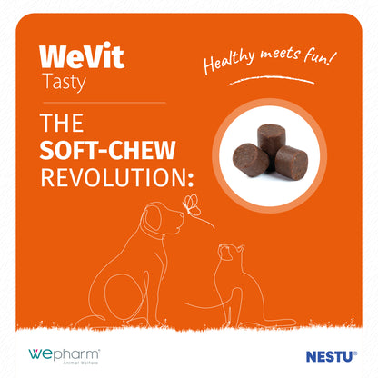 WeVit soft-chew product packaging with orange background, text, and images of dogs and cats.