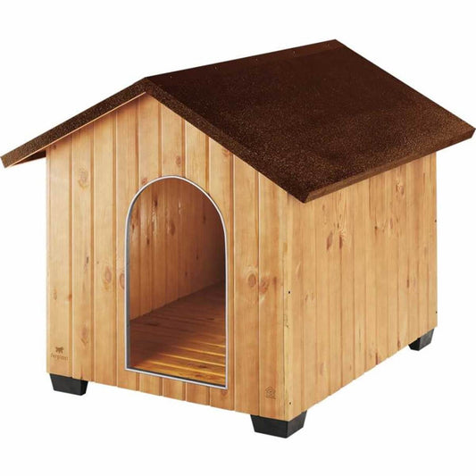 Wooden dog house with a brown roof on a white background