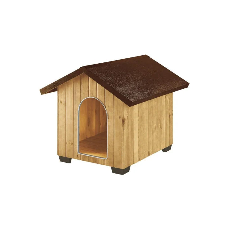 Wooden dog house with a brown roof 
