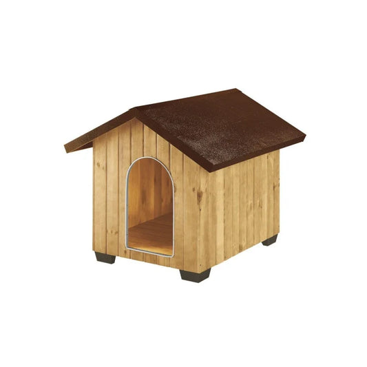 Wooden dog house with a brown roof 
