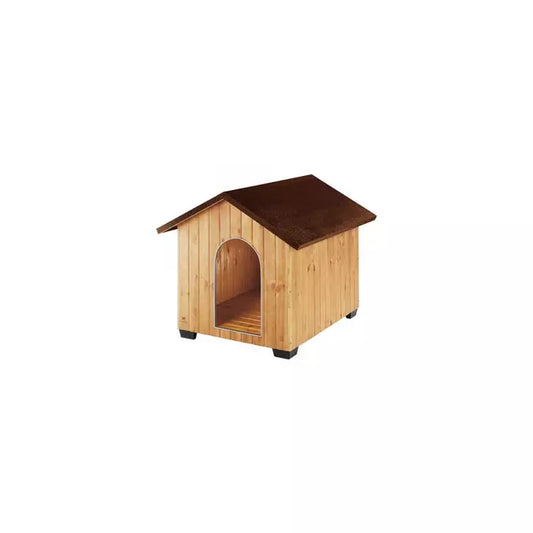 Wooden dog house with a brown roof
