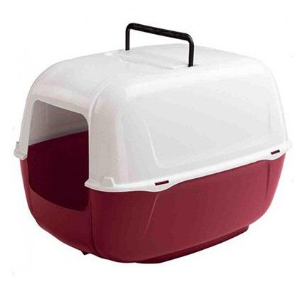 Pet carrier with a white top and red bottom 