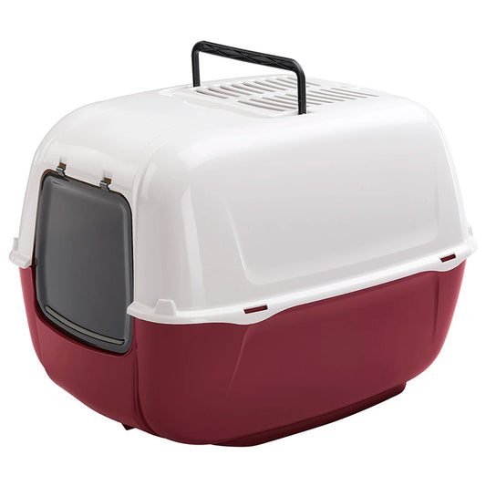 Pet carrier with a white top and red bottom 