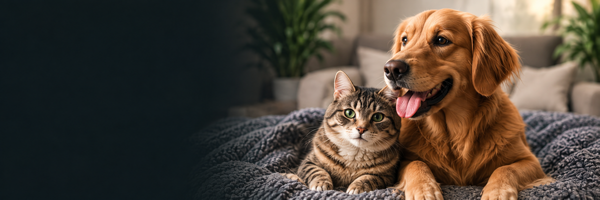 A golden retriever and tabby cat resting together at home